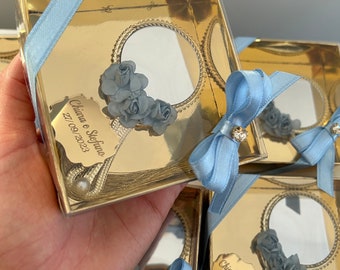 Luxury Mirror Favors with Box ,Personalized Wedding Favor,Gold Mirror with Blue flowers,Sweet 16 gift,Bridal Shower,Quinceañera,15 Años