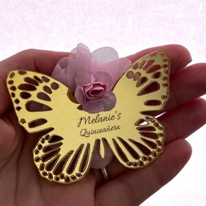 Luxury Butterfly Mirror Favors with Box ,Personalized Butterfly Quinceañera Favor,Gold Mirror with pink flowers,Sweet 16 gift,Birthday Favor