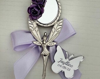 Recuerdos de espejo de ángel personalizados: Mariposa lila, Quinceañera, Dulces 16