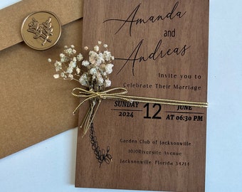 Wood wedding invitation card, Quinceañera Invitation Card, Floral Wood invitation card with kraft envelope and seal wax,Rustic weddings