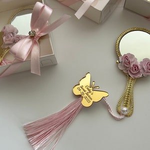 Luxury Mirror Favors with Box ,Personalized Wedding Favor,Gold Mirror with pink flowers,Sweet 16 gift,Birthday Guest Favors,Bridal Shower