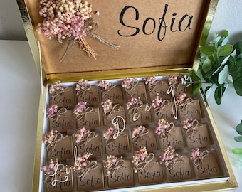 Chocoladedoos, gepersonaliseerde chocolade, gepersonaliseerde chocoladegunsten, gepersonaliseerd chocoladecadeau, chocoladecadeau voor bruiloft, babyshower