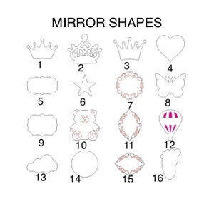 Puede incluir: Un gr&aacute;fico que muestra 16 formas de espejo diferentes, incluyendo una corona, una estrella, un coraz&oacute;n, una mariposa, un osito de peluche, un globo aerost&aacute;tico y una nube. Las formas est&aacute;n numeradas del 1 al 16.