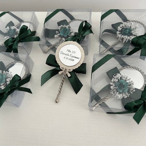 Quinceanera favors,personalized mirror favors,Sweet 16 mirror with emerald green flowers,Sweet 15,Mis Quince Años,metal mirror gift with box