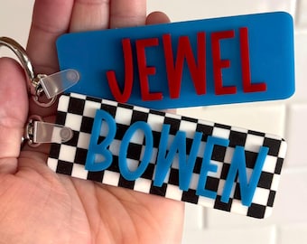 Personalized Name Keychain: Backpack Name Tag, Diaper Bag Name Tag, Boys Backpack Tag, Boys Name Tag, Acrylic Lunchbox Name Tag