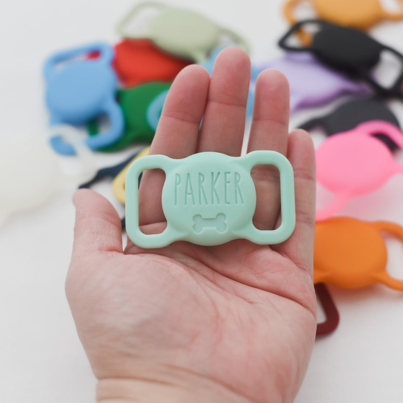 May include: A light green silicone dog collar buckle with the name "PARKER" and a bone symbol engraved on it.