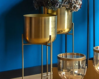 Planters with Stand - Set of 2, Gold Metallic Planters