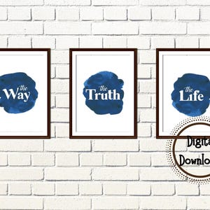 Der WEG Die WAHRHEIT Das LEBEN, Johannes 14: 6, 3er-Set Indigo-Bibelversdrucke, christliches Kunstwerk, digitale Downloads, christliches Dekor, Wandkunst