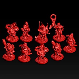 May include: A collection of ten red miniature fantasy figures, each on a circular base. The figures depict various monstrous characters, some wielding weapons like clubs, swords, and spears. The figures are detailed and appear to be 3D-printed.