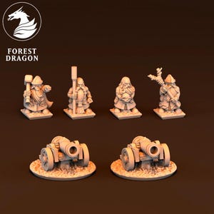 May include: A set of miniature figurines and cannons. The figurines portray bearded characters with tools and weapons. Two cannons are also present. The Forest Dragon logo is in the upper left corner.