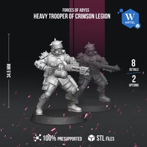 May include: Two detailed miniature figures of the Heavy Trooper of Crimson Legion, each holding a large weapon. The figures are gray and stand on a black base. The image includes the text "FORCES OF ABYSS" and "34.5 mm".