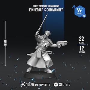 Puede incluir: Una figura en miniatura gris de un comandante, sosteniendo una espada y una pistola, con el texto "PROTECTORS OF HUMANKIND EINHERJAR'S COMMANDER". La figura mide 49 mm de altura. La imagen también incluye el texto "22 DETAILS" y "12 OPTIONS".
