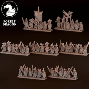 May include: Miniature figurines of a fantasy army, featuring soldiers with swords, axes, shields, and banners. The figures are in a neutral color, with detailed armor and weaponry. The logo "FOREST DRAGON" is in the upper left corner.
