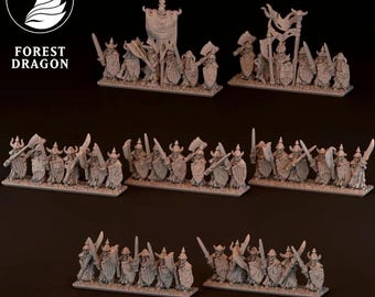 Puede incluir: Figuras en miniatura de un ejército de fantasía, con soldados con espadas, hachas, escudos y estandartes. Las figuras son de color neutro, con armaduras y armas detalladas. El logotipo "FOREST DRAGON" está en la esquina superior izquierda.
