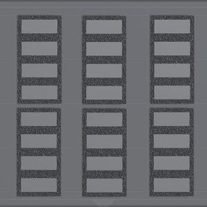 May include: A top-down view of a grey rectangular surface with ten rectangular sections. Each section has a textured, dark grey border and a lighter grey interior. The sections are arranged in two rows of five.