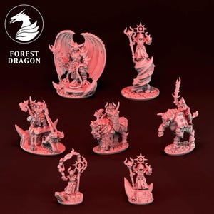 May include: A collection of detailed, light-red fantasy miniatures. The figures include a winged demon, armored warriors, and robed figures with staffs. The "FOREST DRAGON" logo is in the upper left corner.
