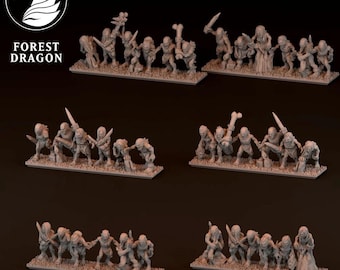 Puede incluir: Figuras en miniatura de criaturas fantásticas, incluyendo esqueletos y zombis, dispuestas en múltiples filas. Las figuras están sobre bases rectangulares, algunas sosteniendo armas. El logotipo de Forest Dragon está en la esquina superior izquierda.