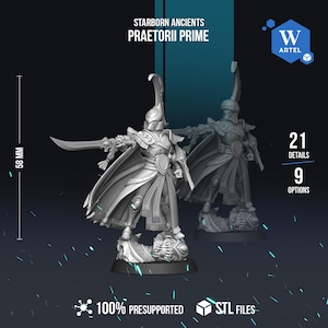 Könnte beinhalten: Zwei graue Miniaturfiguren mit dem Titel Starborn Ancients Praetorii Prime, mit verzierter Rüstung, hohen Helmen mit Kamm und Umhängen. Die Figuren sind 58 mm hoch, mit 21 Details und 9 Optionen. Das Bild enthält den Text: 100% Presupported STL Files.