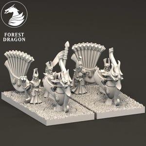 May include: A collection of miniature fantasy figures, including riders on stylized mounts and infantry, all in a light gray color. The figures are set on a base with a grassy texture. The "FOREST DRAGON" logo is visible in the upper left corner.