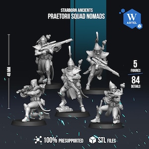 May include: A set of five grey miniature figures titled Starborn Ancients Praetorii Squad Nomads. Each figure stands 48 mm tall, features detailed armor, and carries a long-barreled rifle. The set includes 84 total details and is provided as STL files.