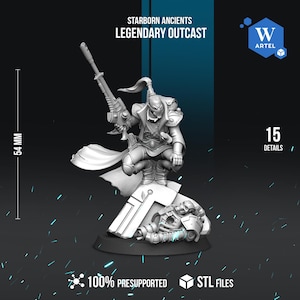 Könnte beinhalten: Eine detaillierte, graue Miniaturfigur eines Kriegers, der ein Gewehr hält, mit dem Text "STARBORN ANCIENTS LEGENDARY OUTCAST". Die Figur ist etwa 5,4 cm groß. Die Basis enthält einen gefallenen Roboter. Der Text "100% PRESUPPORTED" und "STL FILES" ist ebenfalls vorhanden.