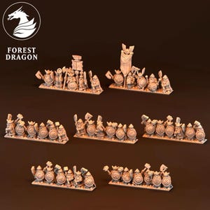 May include: Miniature figurines of fantasy dwarves, each with unique weapons and shields. The figures are arranged in rows, with the "Forest Dragon" logo in the upper left corner. The dwarves are in various poses, ready for battle.