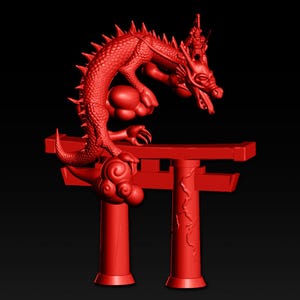 May include: A red dragon sculpture with a detailed, textured body and spiky dorsal fins. The dragon is perched atop a red Torii gate, with a person riding on its head. The sculpture is set against a black background.