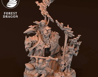 Puede incluir: Miniatura de fantasía detallada en blanco roto que representa a un guerrero montado, un enano apuntando una ballesta y otras figuras. La miniatura tiene detalles intrincados, incluyendo armadura, armas y un escudo con un emblema de calavera. La base tiene textura para parecer un terreno herboso.