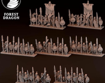 Puede incluir: Miniaturas de guerreros esqueléticos con lanzas, escudos y estandartes. Las figuras están dispuestas en filas, sugiriendo una formación de batalla. El logotipo "FOREST DRAGON" es visible en la esquina superior izquierda. Las miniaturas son de color gris claro.