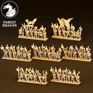 Puede incluir: Figuras en miniatura beige de un ejército medieval, con soldados con alabardas y banderas. Las figuras están dispuestas en filas, con el logotipo "Forest Dragon" en la esquina superior izquierda. La imagen muestra múltiples unidades del mismo diseño.