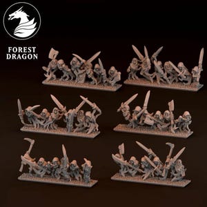 Puede incluir: Figuras en miniatura de guerreros esqueléticos, armados con espadas, hachas y escudos, dispuestas en filas. Las figuras están sobre una base herbosa. El logotipo de Forest Dragon está en la esquina superior izquierda.