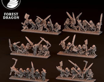 Puede incluir: Figuras en miniatura de guerreros esqueléticos, armados con espadas, hachas y escudos, dispuestas en filas. Las figuras están sobre una base herbosa. El logotipo de Forest Dragon está en la esquina superior izquierda.