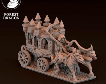 Puede incluir: Miniatura detallada de la muerte conduciendo un carruaje tirado por dos caballos esqueléticos. El carruaje tiene un techo detallado y detalles de calaveras. La miniatura está sobre una base de hierba, un coleccionable de fantasía.
