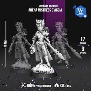 May include: Three detailed miniature figures of the Arena Mistress D'Aggia, a Voidborn Ancients character, are displayed. The figures are approximately 4.8 cm tall and feature intricate armor and weaponry. The image includes text indicating 17 details and 9 options.