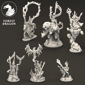 May include: A collection of fantasy figurines, including a wizard riding a horse, a warrior on a tiger, and other characters. The figurines are all in a light gray color and are set against a dark background. The "FOREST DRAGON" logo is in the upper left corner.