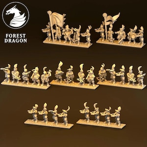 May include: Miniature figurines of a medieval army, including soldiers with crossbows, flags, and musical instruments. The figurines are arranged in rows on rectangular bases. The logo for Forest Dragon is in the upper left corner.