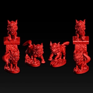 May include: A collection of red, stylized guardian lion statues. Some are perched atop pedestals, while others stand on textured bases. The statues have detailed features and a fierce expression, set against a black background.