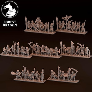 May include: Miniature fantasy army figurines, depicting various characters with weapons such as spears, swords, and scythes. The figures are arranged in rows on rectangular bases. The Forest Dragon logo is visible.
