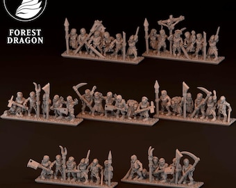 Puede incluir: Figuras en miniatura de un ejército de fantasía, con varios personajes con armas como lanzas, espadas y guadañas. Las figuras están dispuestas en filas sobre bases rectangulares. Se ve el logotipo de Forest Dragon.