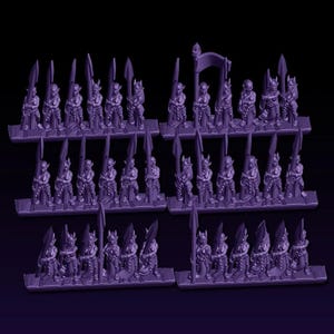 May include: A set of purple miniature fantasy figures, possibly for tabletop gaming. The figures are arranged in rows and appear to be elves or similar creatures, each holding a spear or flag. The overall aesthetic suggests a medieval or fantasy theme.