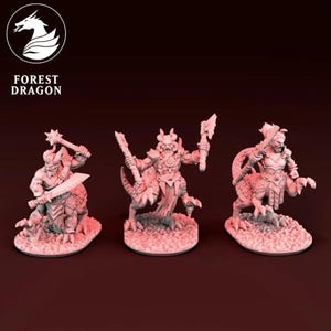 May include: Three reddish-pink fantasy figures. Each figure is a hybrid creature with a humanoid upper body and a reptilian lower body. The figures are holding weapons, including a sword, axe, and mace. The logo "FOREST DRAGON" is in the upper left corner.