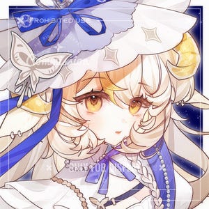 May include: A digital illustration of a young woman with blonde hair, wearing a white dress with blue accents and a white hat with a blue bow. She has yellow eyes and a soft expression. The background is a dark blue with stars.