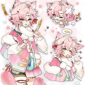 Puede incluir: Una ilustración digital de un personaje de anime de pelo rosa con orejas de gato que lleva un kimono rosa y azul con un cuello de piel blanca. El personaje sostiene una tarjeta dorada en su mano derecha y hace un signo de paz con su mano izquierda. El personaje está rodeado de un fondo rosa y blanco con flores de cerezo y huellas de patas.