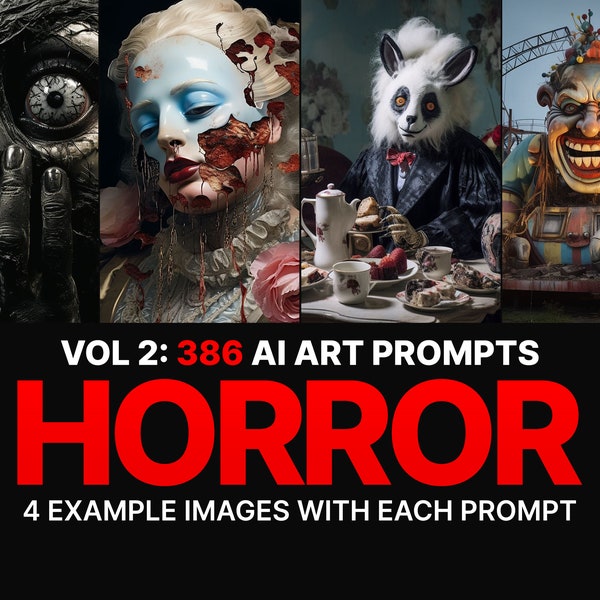 386 Midjourney Prompts for Horror: Vol2 |Ai Art, Prompt, Dall e, Stable Diffusion, Bundle, Halloween, Macabre, Character, Dark, Gothic