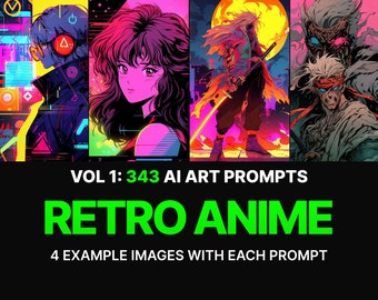 343 Midjourney Prompts for Retro Anime | Ai Art, Prompt, Dall e, Stable Diffusion, Bundle, Manga, Style, Character, Scene, Horror, Cute