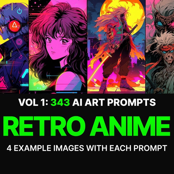 343 Midjourney Prompts for Retro Anime | Ai Art, Prompt, Dall e, Stable Diffusion, Bundle, Manga, Style, Character, Scene, Horror, Cute