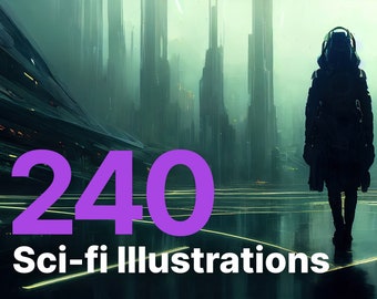 240 Sci-fi Illustrations | digital art prints, backgrounds, fantasy, futuristic, cyberpunk, backdrop, high resolution, pack, bundle, robots