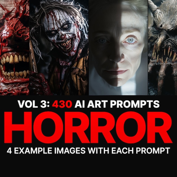 430 Midjourney Prompts for Horror: Vol3 | Ai Art, Prompts, Dall e, Stable Diffusion, Bundle, Halloween, Macabre, Character, Dark, Gothic