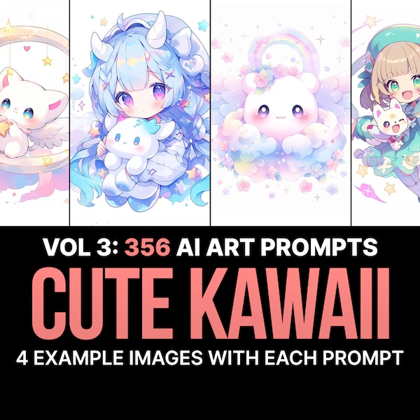 356 Midjourney Prompts for Cute Kawaii: Vol 3 | Ai Art, Prompts, Dall e, Stable Diffusion, Bundle, Chibi, Anime, Sticker, Cartoon, Style