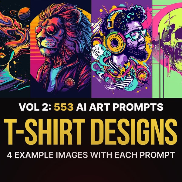 553 Midjourney Prompts for T-Shirt Designs: Vol2 | Ai Art, Prompt, Dall e, Stable Diffusion, Bundle, Print, Tshirt, Logo, Style, Creative